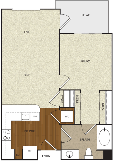 Floor plan for 1 bed, 1 bath, 670 sqft